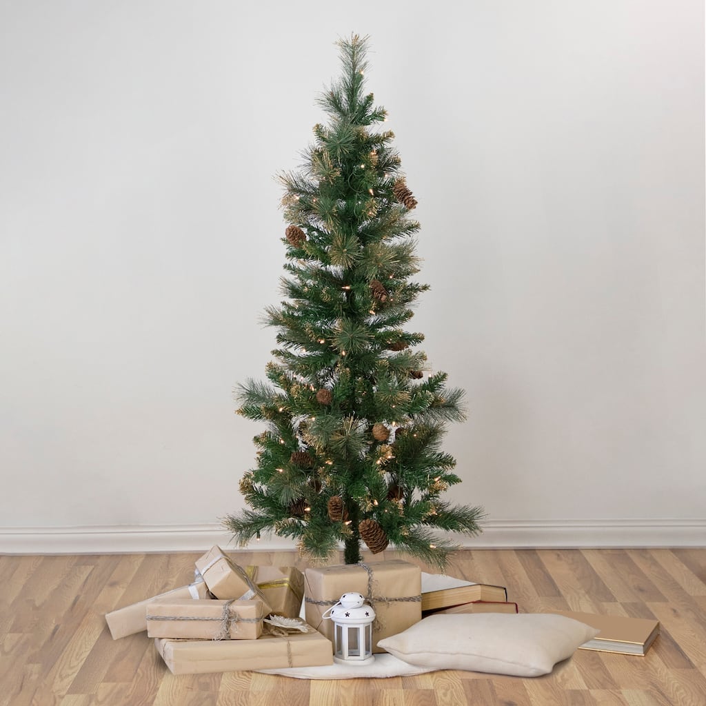 4.5' Yorkshire Pine Pencil Artificial Christmas Tree, Clear Lights - 4.5 Foot