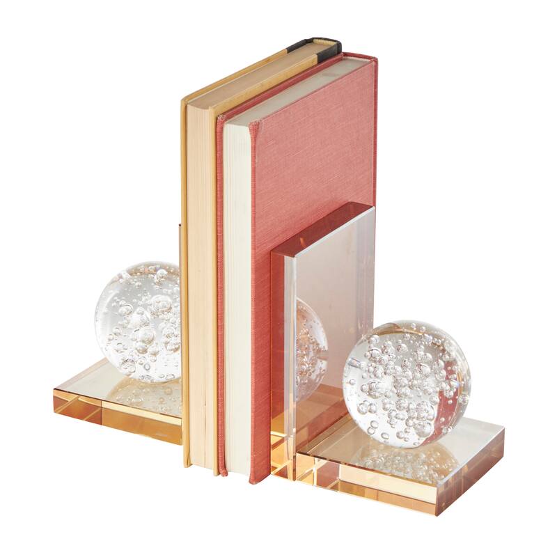 Glass Geometric Bookends with Clear Orbs and Bubble Texturing - Set of 2 Gold - Roche River Decor - 5"W x 4"L x 6"H