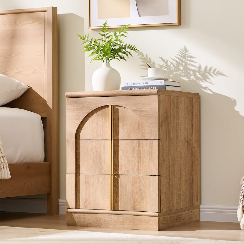 Modern Arched 3 Drawers Nightstand with Charging Station, Side Table - Oak