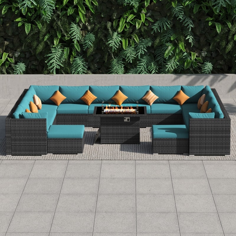 FINCATI 15-Piece Grey Wicker Patio Conversation Sofa Set with Ottomans, 43″ Fire Pit Table