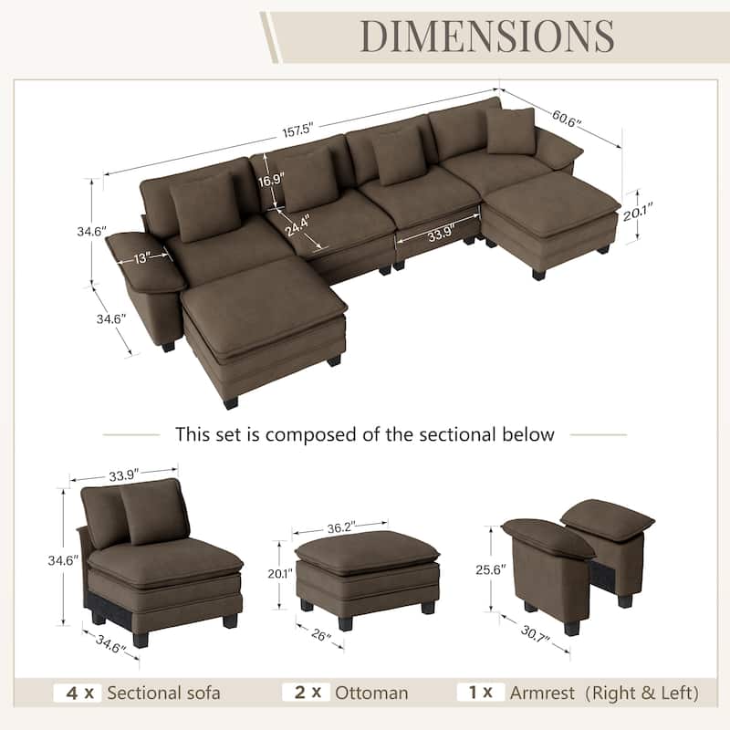 MAISON ARTS Modular Cloud Sectional Sofa, Comfy L- or U-Shaped Couch with Ottomans & Pillows, 4–6 Seat Living Room Sofa