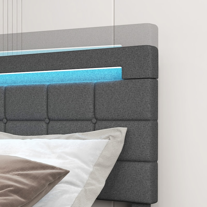 Upholstered Queen LED Bed Frame with Headboard and 4 Drawers-Queen Size