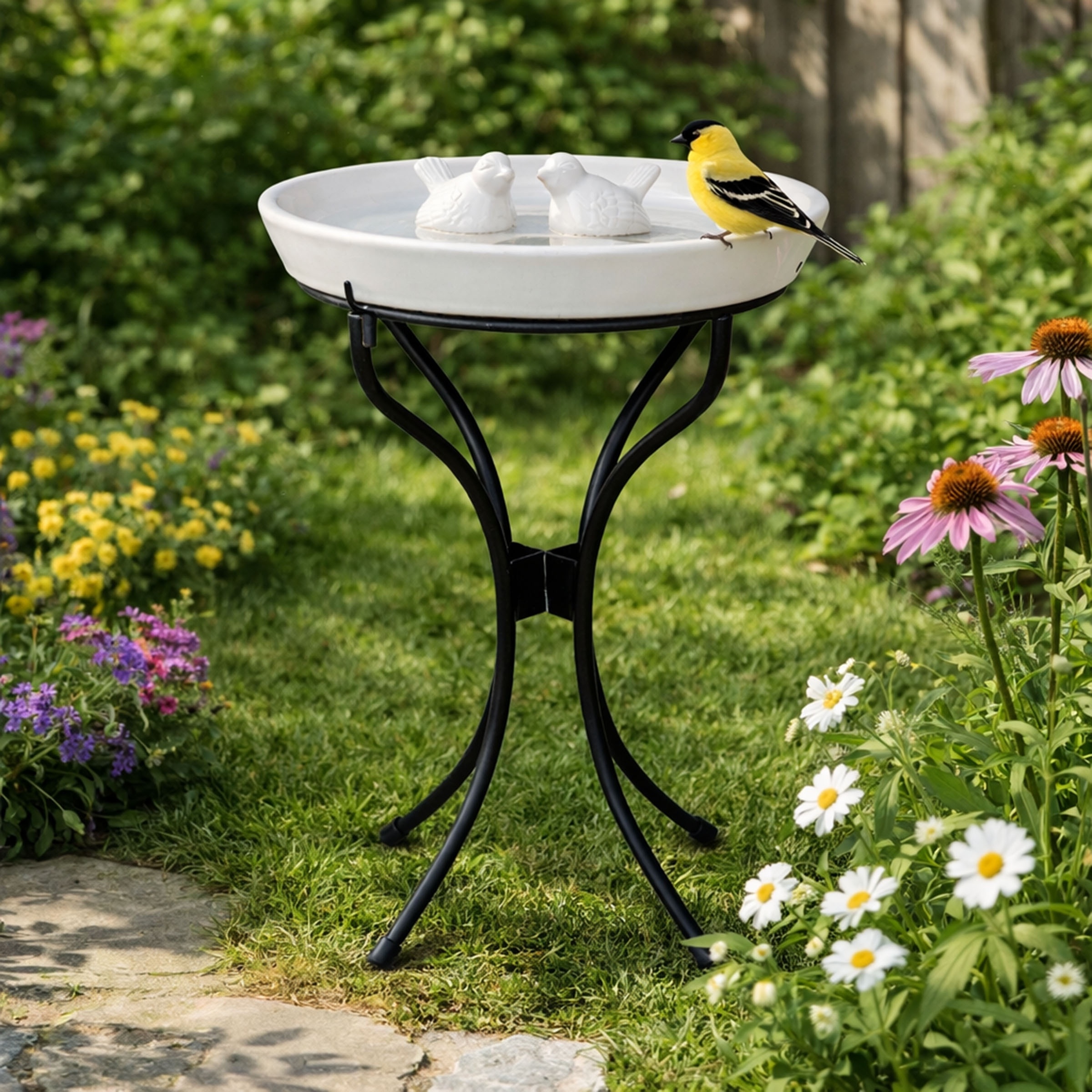 12 in. H Outdoor Ceramic Birdbath White with Metal Stand