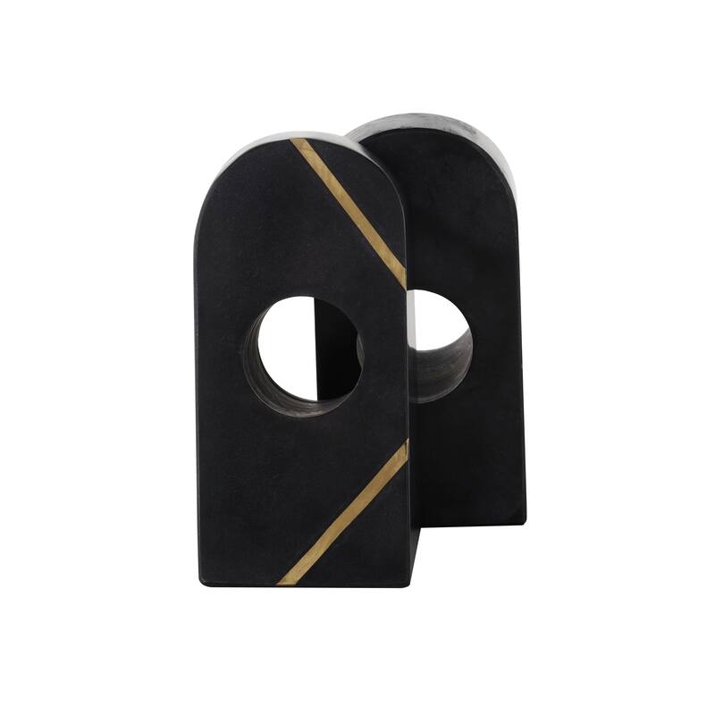 Black Marble Curved Pyramid Geometric Decorative Bookends with Diagonal Gold Stripes (Set of 2)