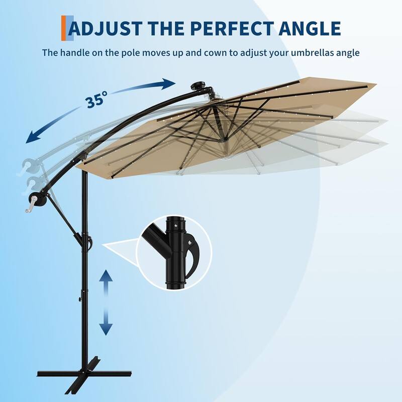 10ft Solar Lights Offset Patio Umbrella, Cantilever Umbrella with Easy Lift & Tilt Adjustment, 8 Ribs Sun Umbrella UV