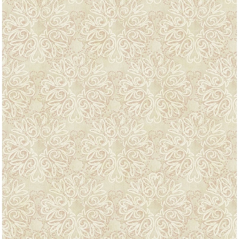 Seabrook Design Rhea Floral Medallion Unpasted Wallpaper - 20.5 in W x 33 ft. L - Metallic Tan & Blush