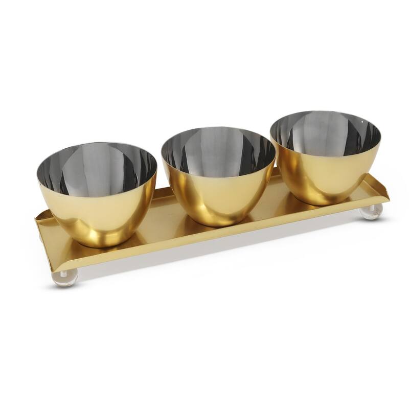 3 Bowl Relish Dish on Tray Gold with Clear Ball Legs - 14.8"L - Clear Balls