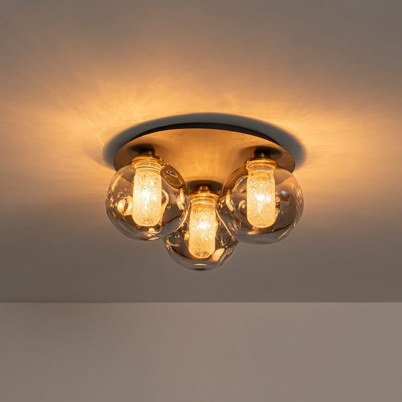 3 Lights Black Flush Mount Ceiling Light with Smoked Glass Shades - Dia.15.74-in