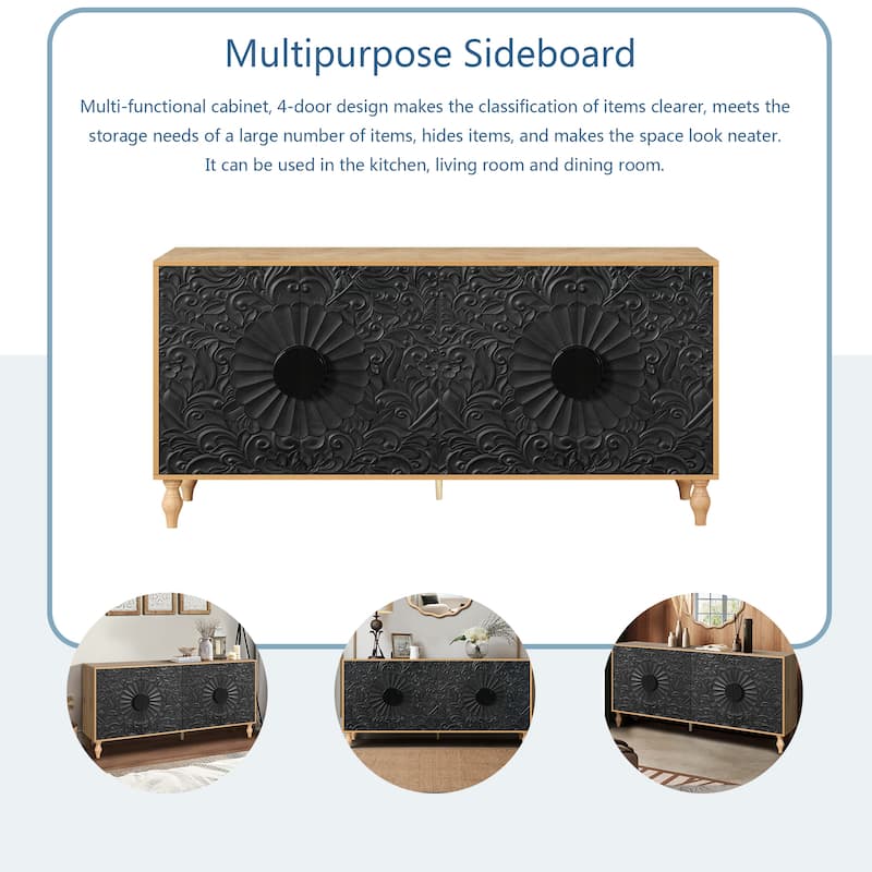 Sideboard Buffet Credenzas for Living Room, 63" Retro Entryway Table Storage Cabinet with Carved Flowers Doors & Wire Holes