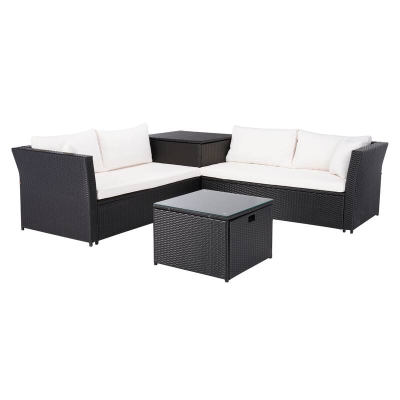 SAFAVIEH Helga Outdoor 4-Piece Conversation Patio Set with Storage - 57"W x 31"D x 26"H