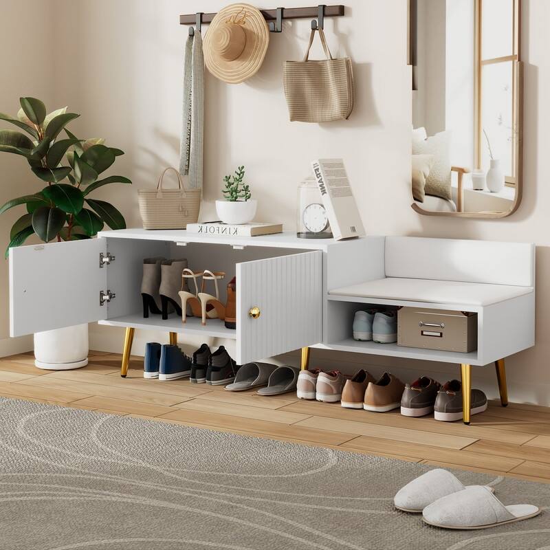 Modern Shoe Storage Bench with Storage Cabinet and Upholstered Cushions, Entryway Bench with Open Compartment for Living Room