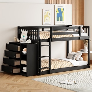 Espresso Twin over Twin Pine Bunk Bed with Drawers and Shelves