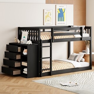 Wooden Floor Bunk Bed Frame with Storage Drawers, 3 Shelves, Full-length Guardrail and Reversible Ladder for Kids, Teens