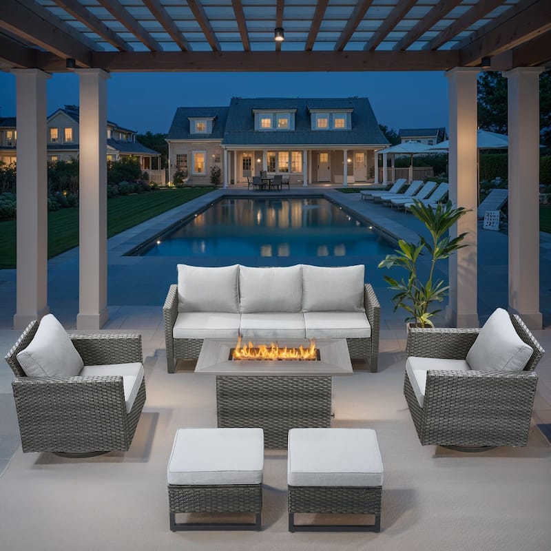 Outdoor Fire Pit Table with Patio Funiture - Grey Wicker Beige Cushion - 6PCS Sofa Chair Ottoman w/ Fire Table