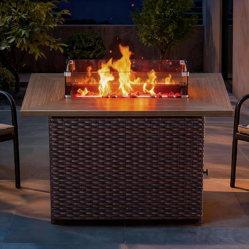 Meyreso 41 in. Rectangular Brown Wicker and Metal Propane Gas Outdoor Fire Pit Table with Lava Rocks, 50000 BTU