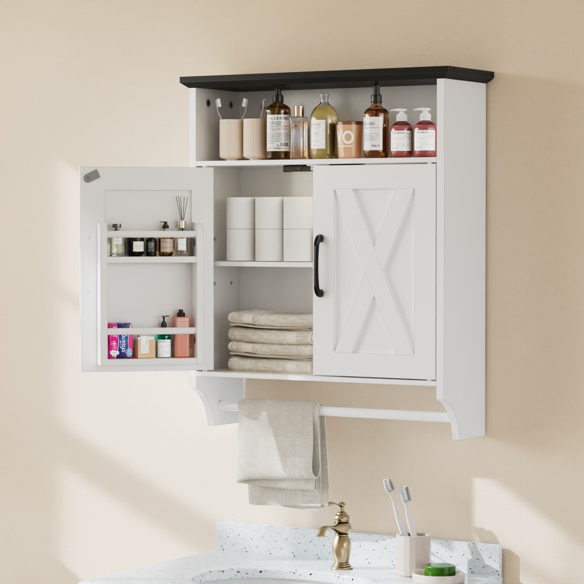 Bathroom Wall Cabinet with Motion Sensor Light Double Door Medicine Cabinet Adjustable Shelves & Towel Bar Over Toilet Storage