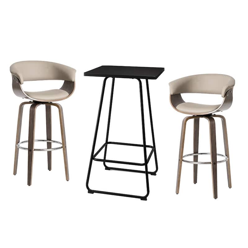 Glitzhome Small Space Set of 3 Swivel High Bar Stool Kitchen Chairs & Square Wood Top Pub Table - Black Table & Gray PU Chairs