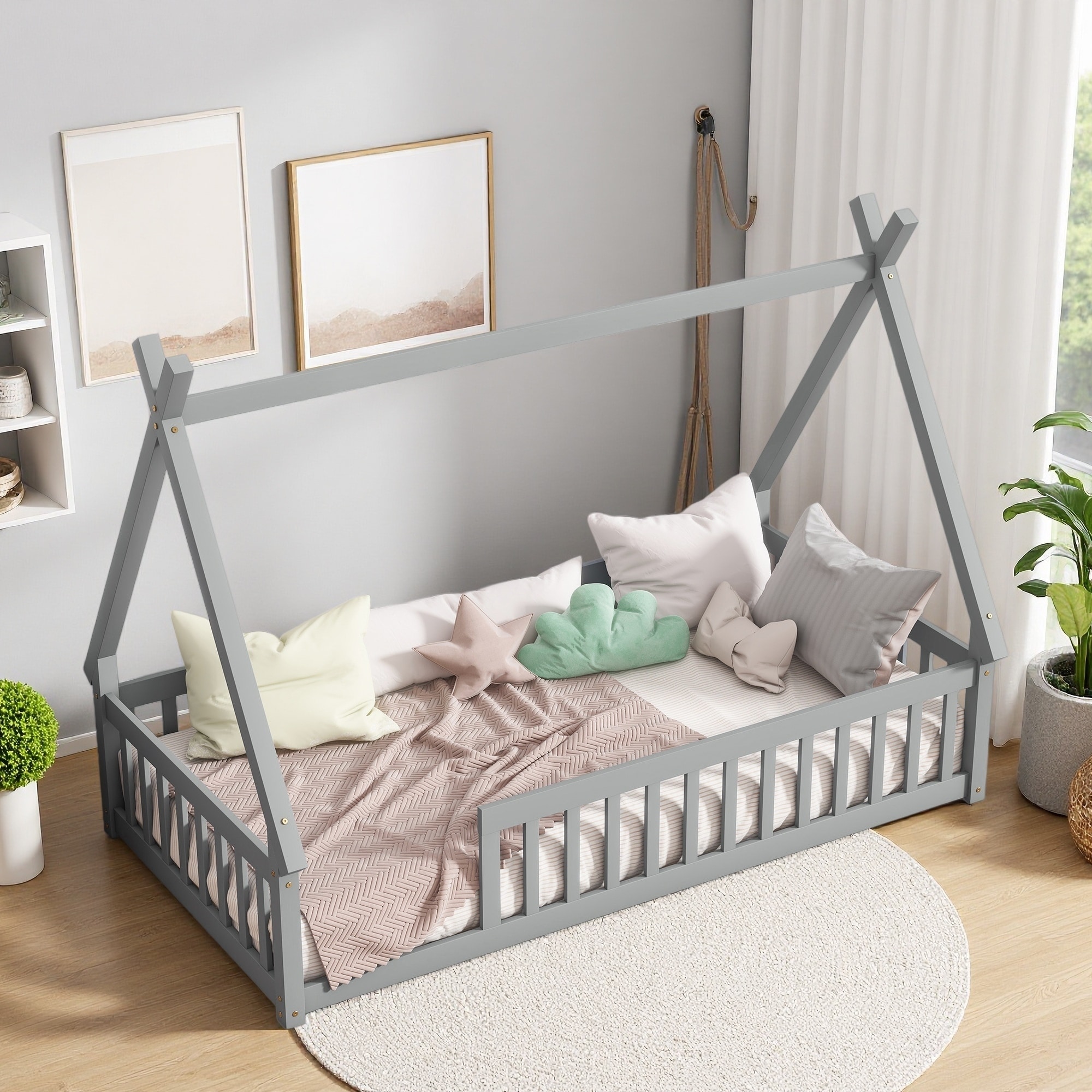 Twin Size Rubberwood Tent-Shaped Floor Low Profile Bed with Guardrails, and Slats