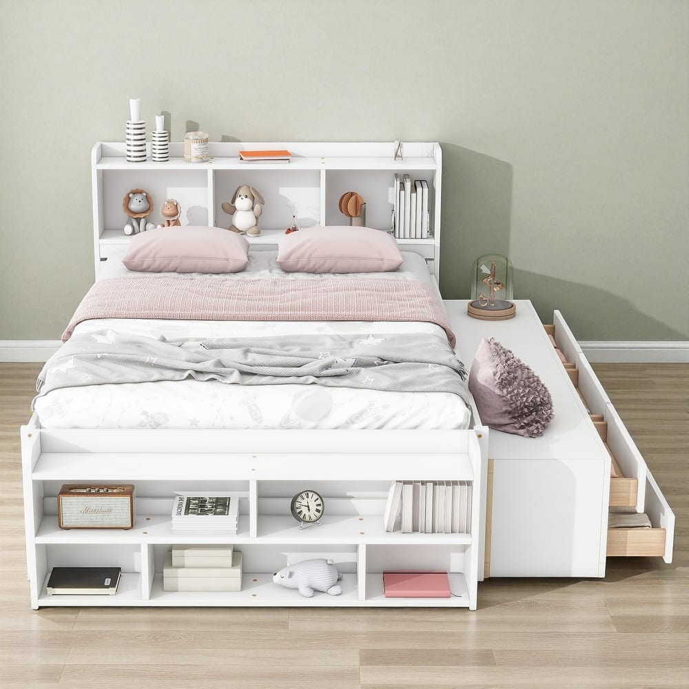 Full Size Wooden Storage Bed with Bookcase Headboard, 6 Drawers, and Bed-End Storage Case