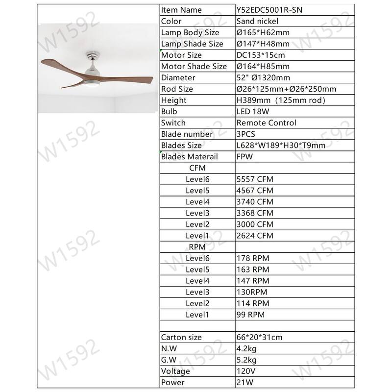 52" Solid Wood Blades Ceiling Fan with Lights Remote Control, Quiet DC Motor 3 Blade Ceiling Fans 6 Speed Levels
