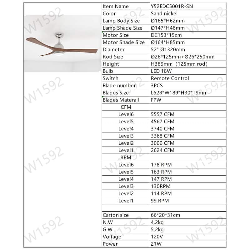 Sofucor 52 Inch Quiet Ceiling Fan with 3 Solid Wood Blades,Light & Remote,Reversible Ceiling Fan,for Patio Living Room,Bedroom