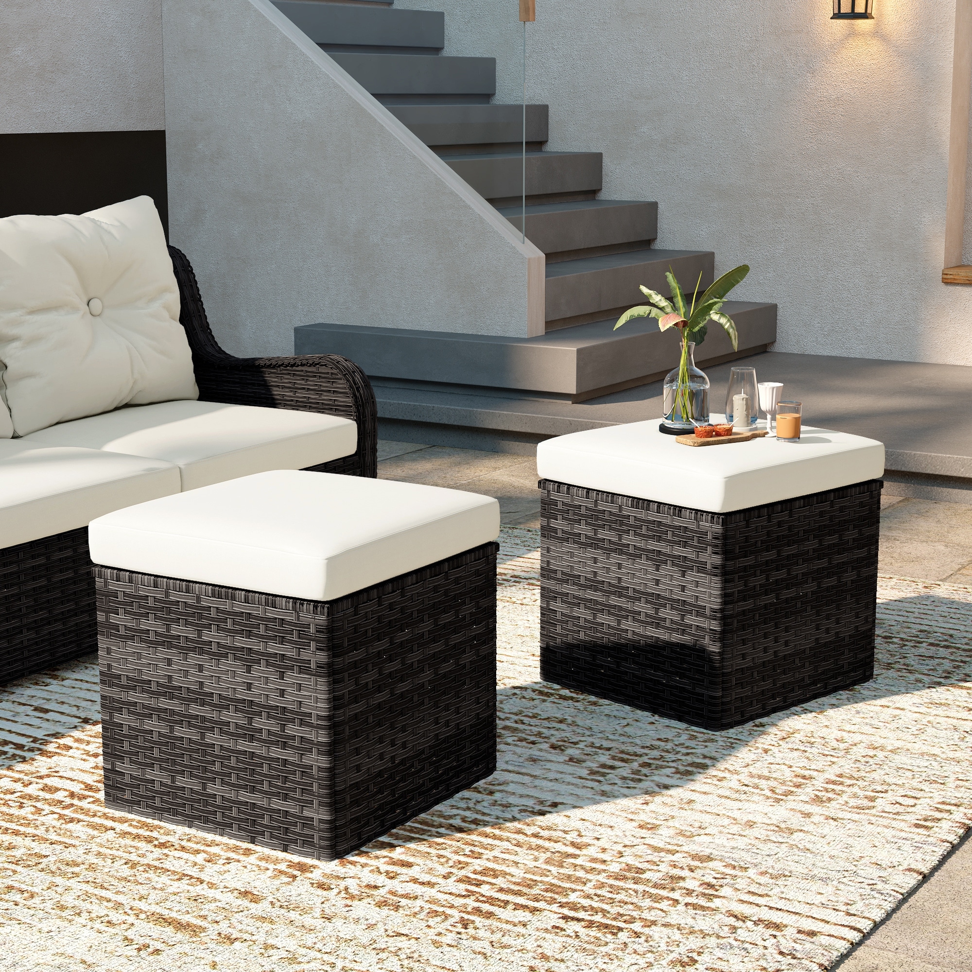 Outdoor Wicker Square Storage Ottoman with Plush Cushion(Set of 2)