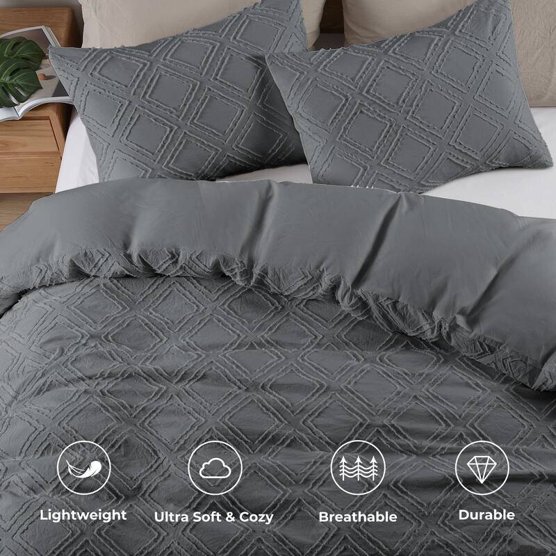 Clipped Jacquard Geometric Duvet Cover & Pillowcase Set - Dark Gray/Square - Queen/Full