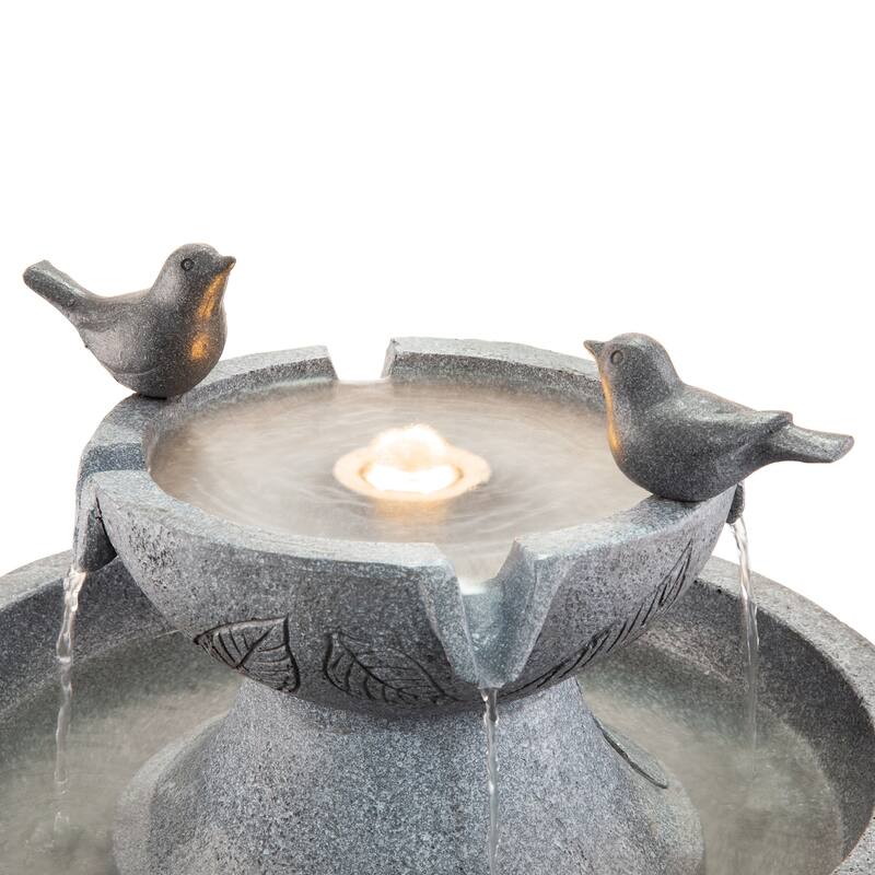 Glitzhome Birdbath Polyresin Outdoor Fountain with Birds, Pump and LED Light