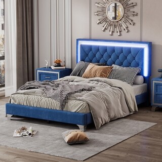 Full Size Modern Velvet Upholstered Bed Frame with LED Lights with ...