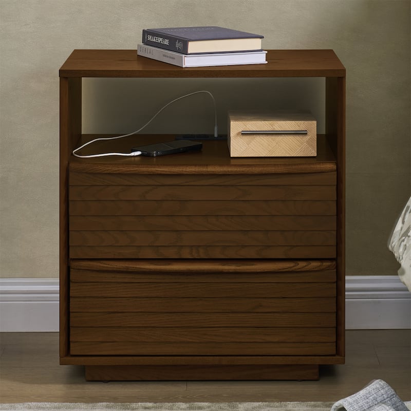 Modern Nightstand with Charging Station,Outlet Hole and 2 Drawers