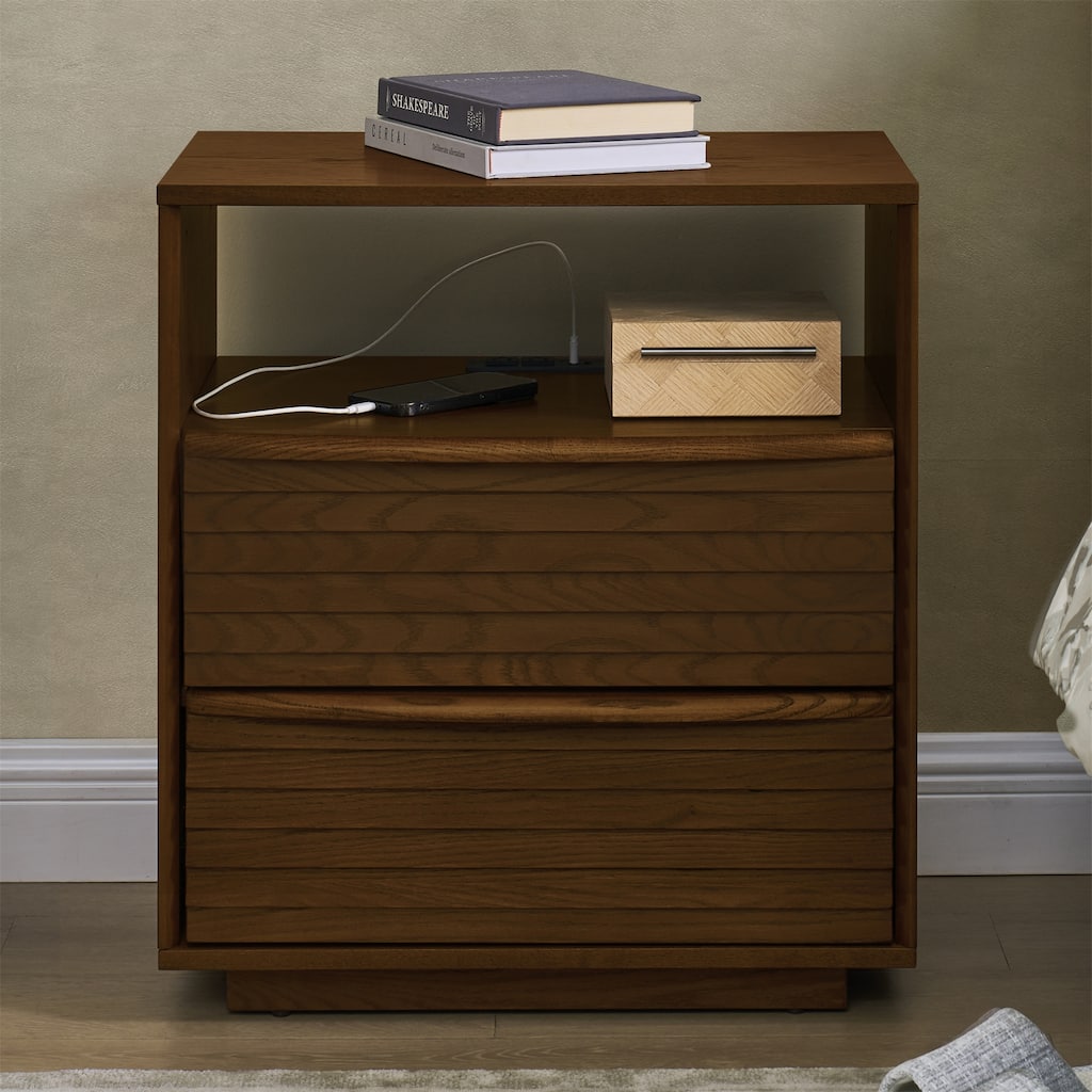 Modern Nightstand with Charging Station,Outlet Hole and 2 Drawers