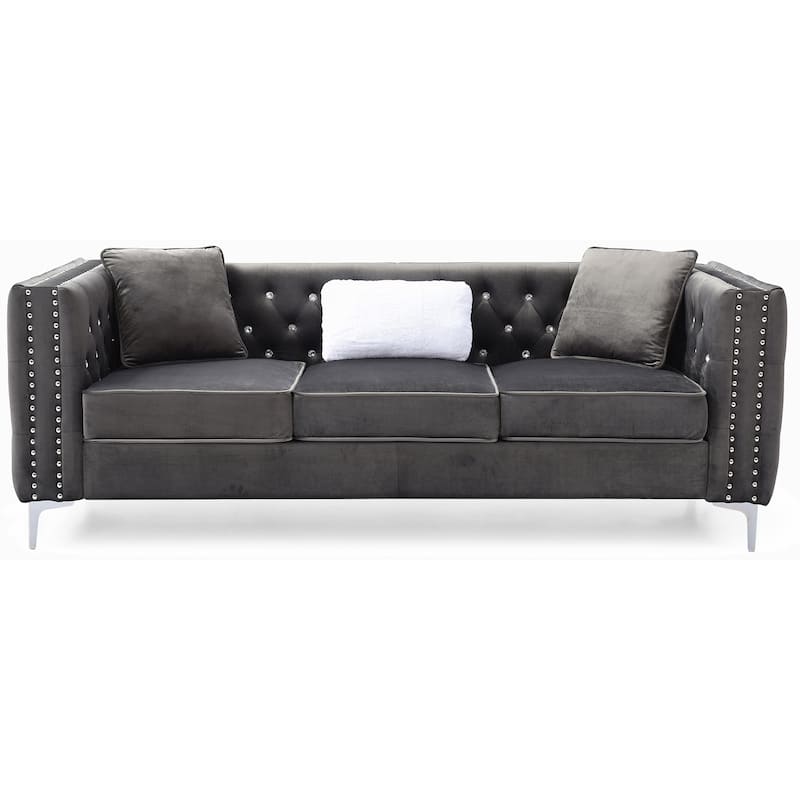 Velvet Nailheads Sofa Square Arms - Grey