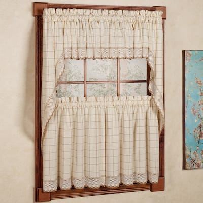 Cotton Classic Toast Window Pane Pattern and Crotchet Trim Tiers, Swags and Valance Options