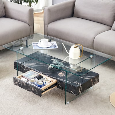 43.3 Inch Double Layer Coffee Table Storage Side Table with Open Storage Shelves, Drawers Glass Center Table End Table