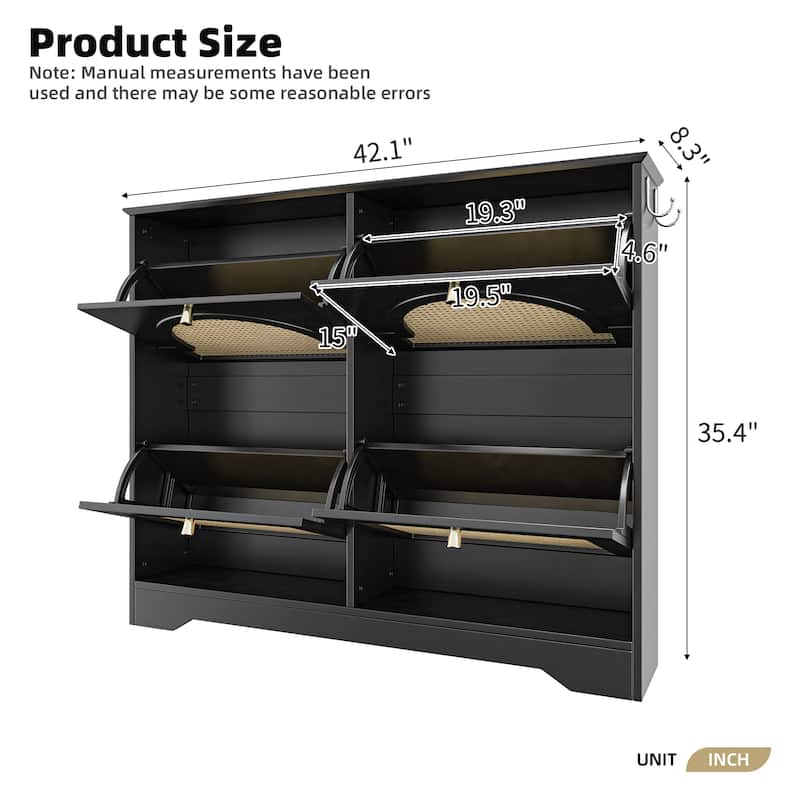 Mid-Century Rattan Flip Drawer Shoe Cabinet with 4 Narrow Doors, Entryway Organizer with Hooks, Freestanding Shoe Storage