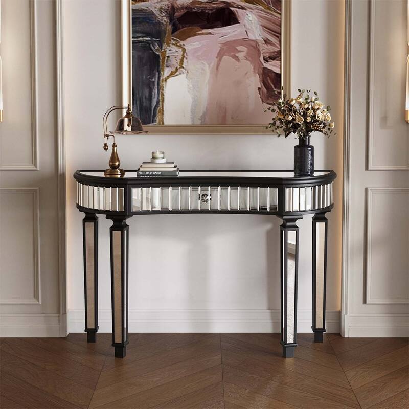 47-Inch Half-Moon Mirrored Console Table with Fluted Glass - Black+Sliver