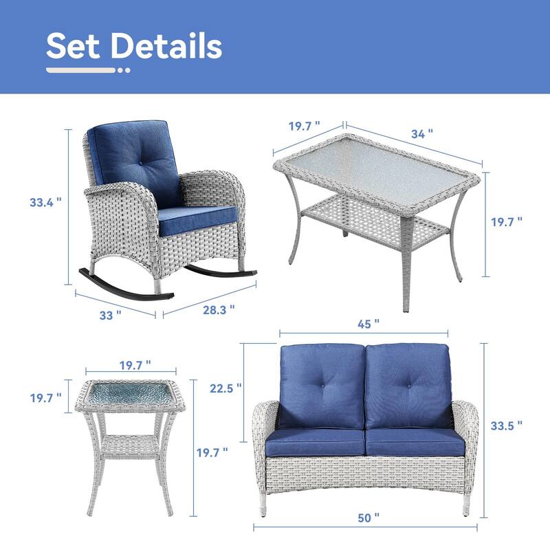 Gymojoy Outdoor Loveseat Sofa Coffee Table Rocking Chair SIde Table Set