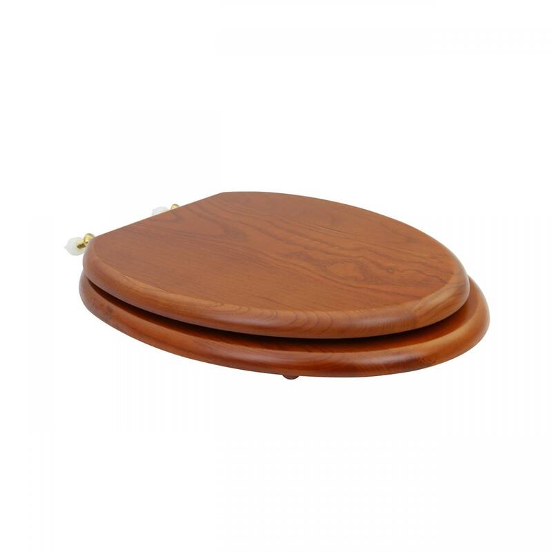 Light Mahogany Wooden Elongated Toilet Seat with Brass PVD Hinges and Non Slip Bumper