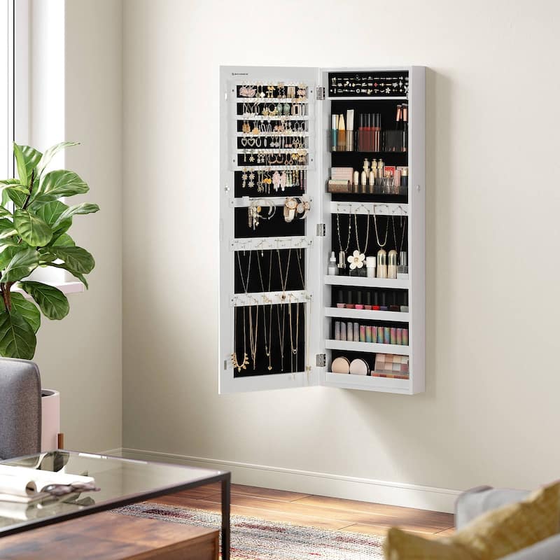 Mirror Jewelry Cabinet Armoire, Lockable Wall-Mounted Storage Organizer Unit with 2 Plastic Cosmetic Storage Trays