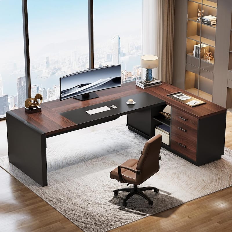 80'' Executive Desk, L-Shaped Office Table with 55'' Cabinet - Brown & Black