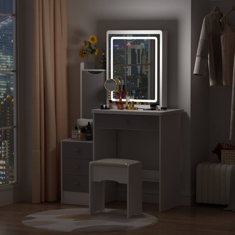 Makeup Vanity Set with Sliding Lighted Mirror & Stool - Hidden Shelves - 33"L x 15.7"W x 52.4"H