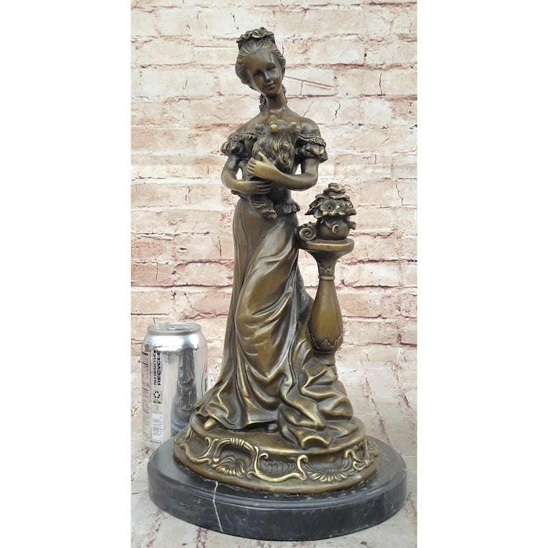 Victorian Edwardian Era European Young Woman Holding Puppy Imitative Dog - Bronze Sculpture By Milo