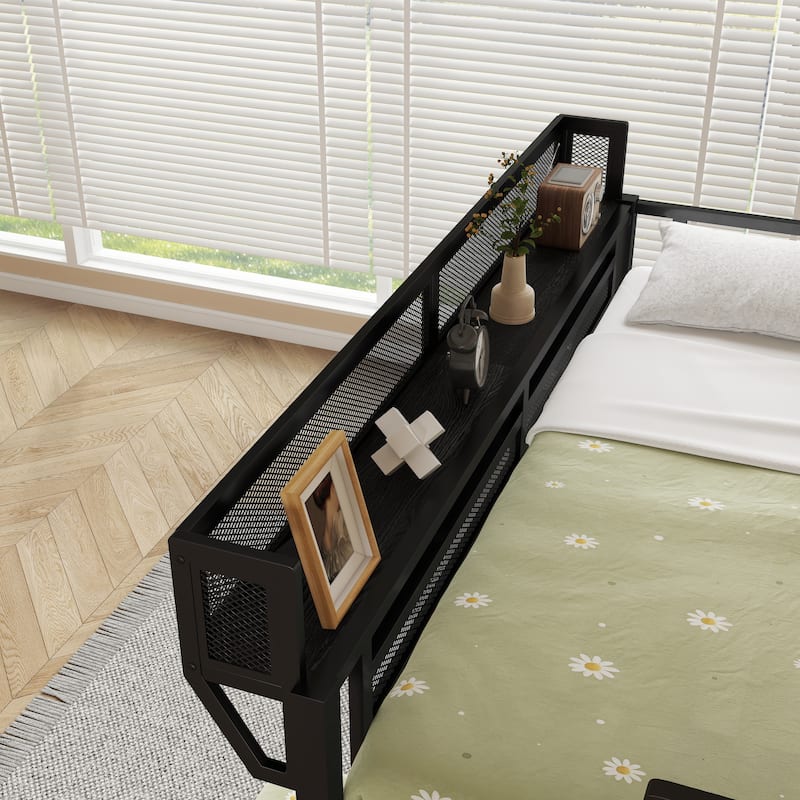 Full over Twin Metal Bunk Bed with Desk and Bookshelves,Detachable Metal Bunk Bed with LED and Charge Station