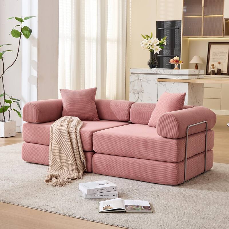 Folding Mattress Lounge Sofa with Corduroy Cushions, Convertible Sofa Bed Sleeper Sofa with Removable Armrests