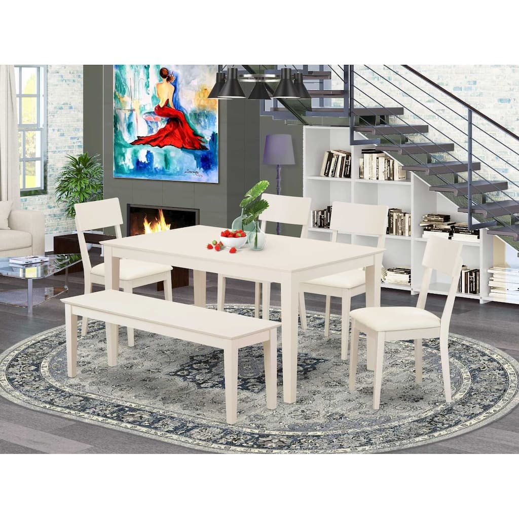 Nordic Kitchen Table Set - 6 Piece Dining Table with Bench & Chairs - Linen White Farmhouse Style