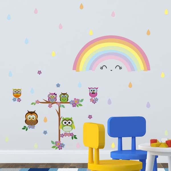 slide 2 of 6, Walplus Colorful Rainbow Owl Tree Children Wall Sticker Nursery Decor