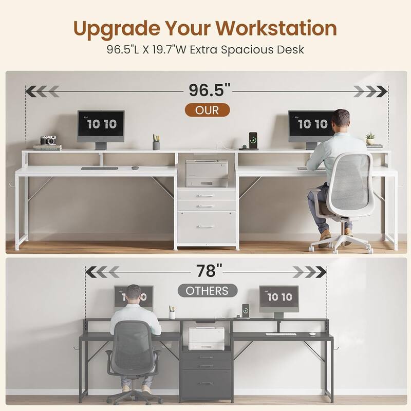 96.5" Office Desk double Person Computer Desk 3 Fabric Drawers