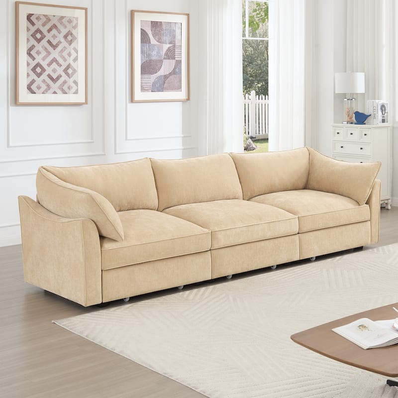 Rossetta 3-Seater Crescent Armrests Sofa with Pull-Out Storage Drawers and Wraparound Cushions in Classic Color Chenille