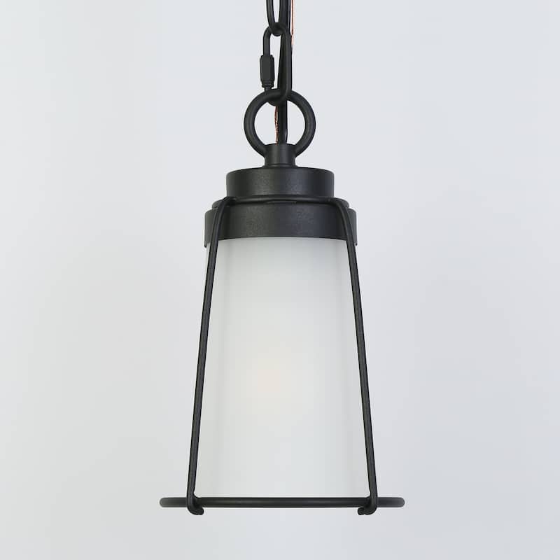 Modern Textured Black 1-Light Geo Frosted Glass Outdoor Hanging Pendant Light for Porch - D 5.5" x H 9"