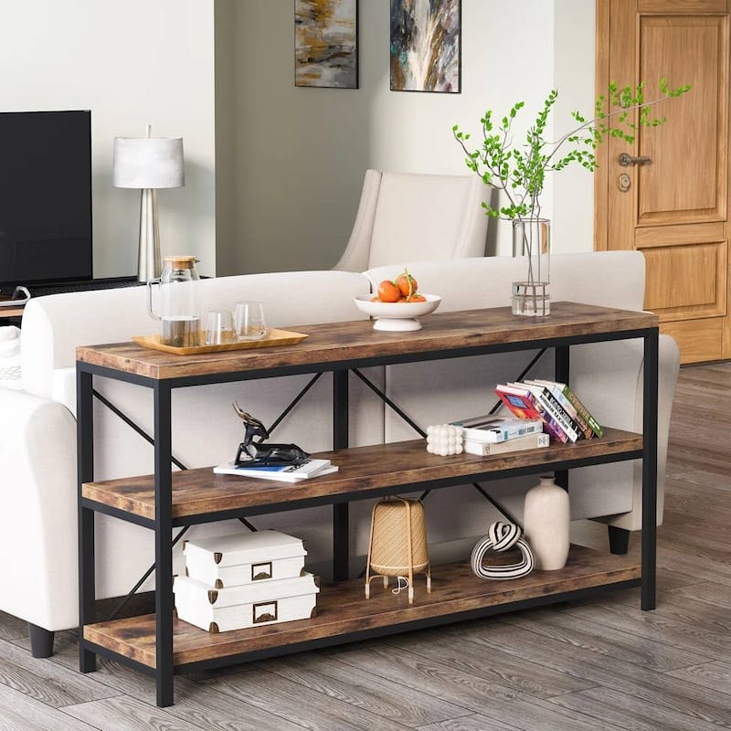 55 Inch Wooden Console Table with Sturdy Metal Frame Shelves for Storage and Decoration - 55.12”L x 11.81”W x 29.92”H - Rustic Brown, Black 